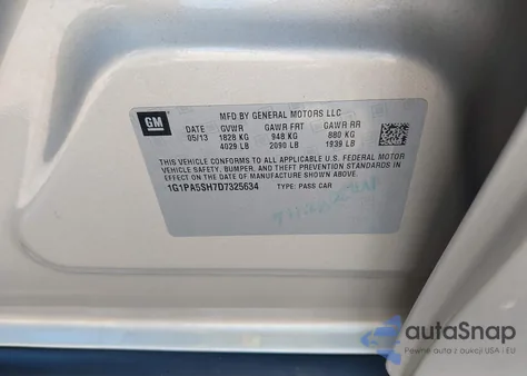 2013 Chevrolet Cruze Ls Auto из США, поврежденный, VIN 1G1PA5SH7D7325634